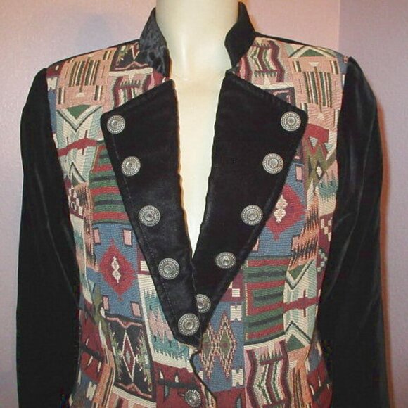 Vtg Circle T Velvet Tapestry Jacket Size S Western Cowgirl Military Crop Navajo - Picture 2 of 11